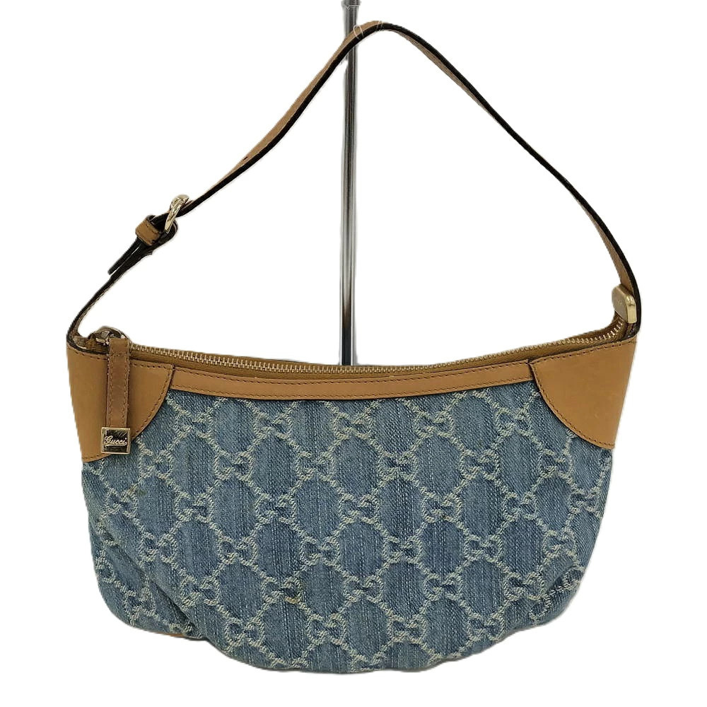 Gucci GG denim monogram tan leather emblem Blue